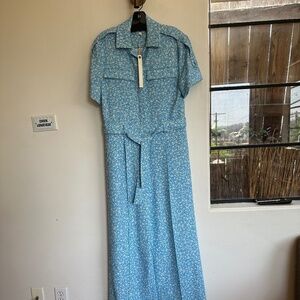 Jonathan Simkhai Lt.Blue crepe short sleeve belted playsuit in size 4